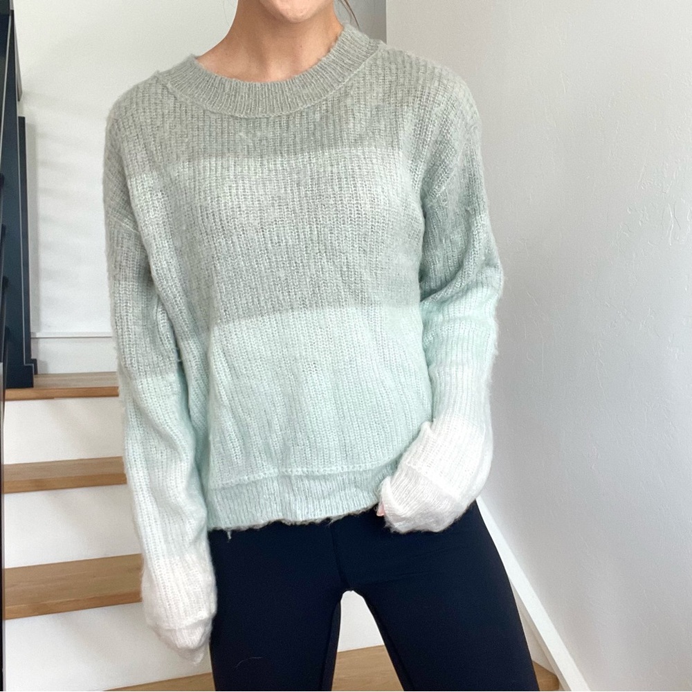 Free People Autumn Sky Cloud Combo Striped Green Grey Cream Wool Sweater Small